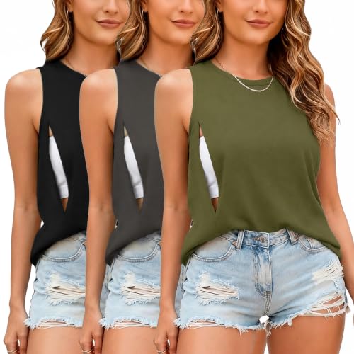 Ecavus 3-Pack Nursing Tank Tops, Hidden Zippers Breastfeeding Shirts - color: Black+charcoal+heathergreen, size: Large