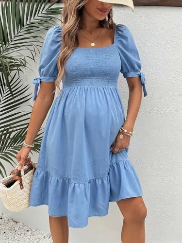 MakeMeChic Women's Maternity Dresses for Baby Shower Casual Pregnancy Dress - color: Blue Solid, size: X-Large