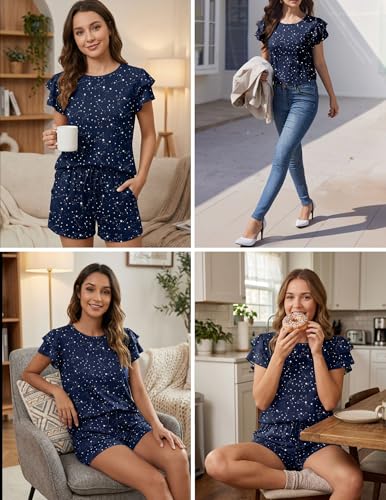 Ekouaer Womens Pajama Sets 2 Piece Ruffle Sleeves Top and Shorts Pjs - color: Navy Blue Star, size: Small
