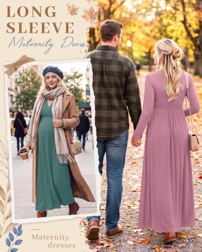 Neer 2 Pcs Maternity Maxi Dresses Long Sleeve Fall Nursing Dress - color: Sage Green, Dusty Pink, size: XX-Large