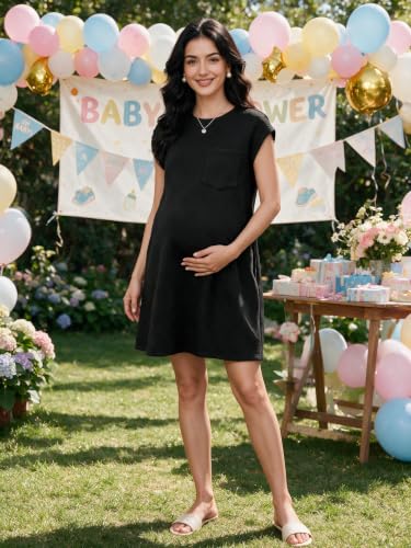 OUGES Women's Summer Casual Cap Sleeve Mini Maternity Dress with Pockets - color: Black, size: Small