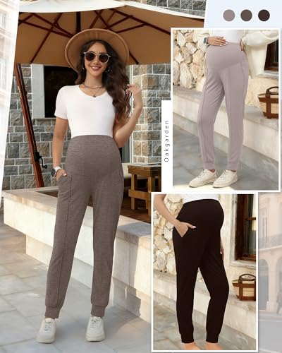 Oakgarden 3 Pack Women's Maternity Pants Over the Belly Joggers - color: Dark Brown, Light Coffee, Gray Apricot, size: Medium