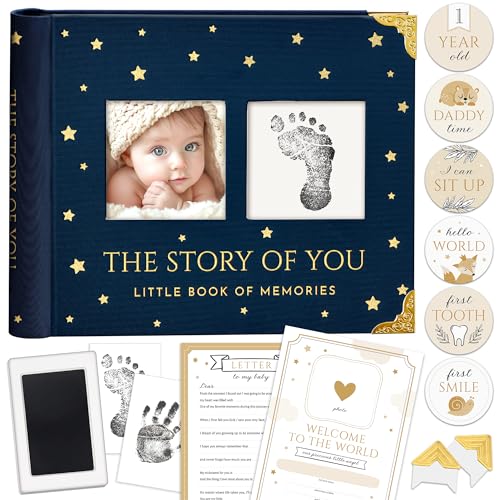 Book Keepsake, Baby Memory Book From Pre-Birth to 5th Year, with 2 Photo Pockets, Milestone Stickers, Hand/Footprint Inkpad, Baby Album and Baby Book for Girls or Boys (Dark Navy) - color: Dark Navy
