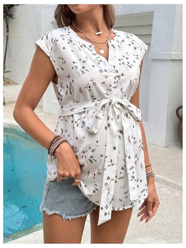 MakeMeChic Women's Maternity Blouse V Neck Cap Sleeve Belted Summer Shirt - color: White, size: Medium