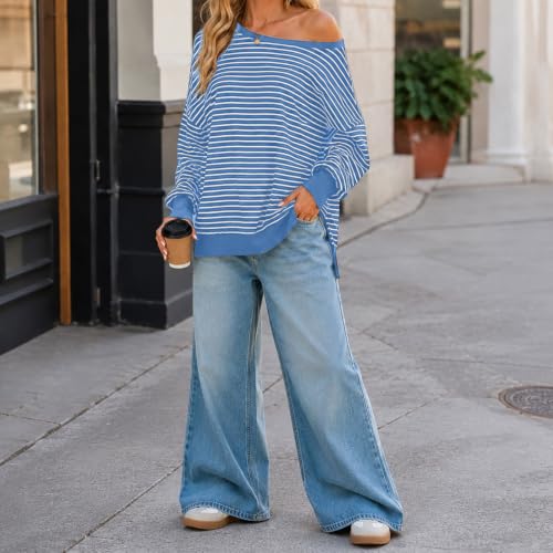 Fall Tops for Women 2026 off Shoulder Striped Top Long Sleeve Pullover Tops - color: Blue, size: Small
