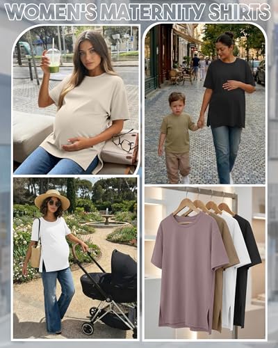 Riyiper 4 Pack Women's Short Sleeve Maternity T Shirts - color: Black, Washed White, Khaki, Dusty Purple, size: Small