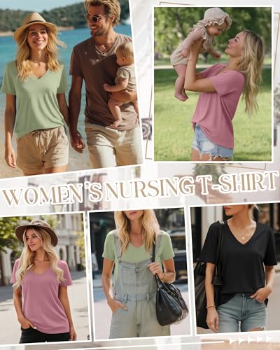 3 Pack Women's Nursing Tops Breastfeeding Shirts - color: Black, Light Green, Gray Pink, size: Large