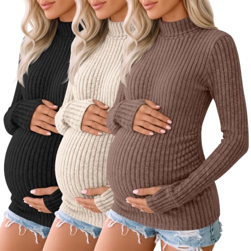 3 Pack Women's Maternity Turtleneck Tops - color: Coffee, Apricot, Black, size: XX-Large