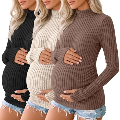 3 Pack Women's Maternity Turtleneck Tops - color: Coffee, Apricot, Black, size: XX-Large