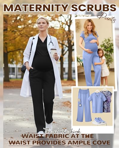 2 Pack Women's Maternity Scrub Pants with 6 Pockets - color: Black, Sky Blue, size: Large