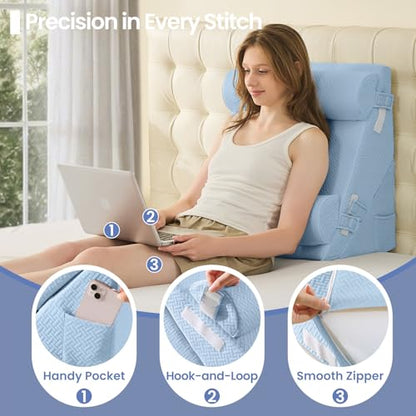Sasttie Adjustable Wedge Pillow Set for After Surgery, Blue - color: Blue, size: Adjustable 9&12 Inch + 2 Head Pillows