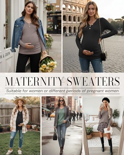 Oakgarden 3 Pack Women's Ribbed Henley Maternity Sweaters - color: Black, Coffee, Bean Green, size: Medium