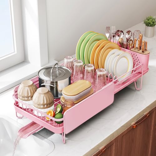 SNTD Large Dish Drying Rack for Kitchen Counter, Expandable, Pink - color: Pink