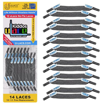 U-Lace Kiddos No-Tie Shoelaces - Elastic Shoe Laces for Sneakers - 14 Laces - color: Medium Gray