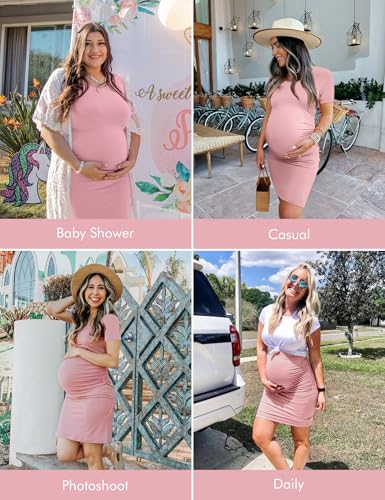 Peauty Side Ruched Maternity Bodycon Dress Short Sleeve Style Baby Shower - color: A. Dusty Pink, size: Medium