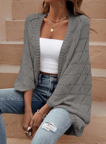 Sidefeel Women's Crochet Oversized Cardigan Sweaters Spring Hollow Out Long Batwing Sleeve Summer Shrugs Lightweight Sweater - color: Dark Grey, size: Large