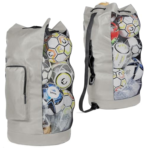 Fitdom XL Mesh Ball Bag for Soccer & Sports, Adjustable Shoulder Strap - color: Grey / Black