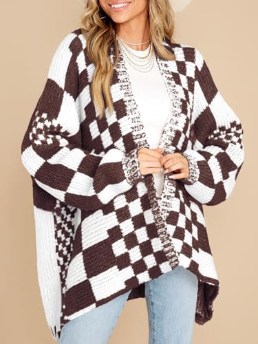 Saodimallsu Womens Checkered Cardigan Sweater - color: Brown, size: Large