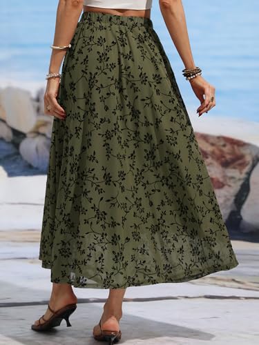 ELLEVEN Women’s Boho Floral Mesh Maxi Skirt - color: Army Green, size: Small