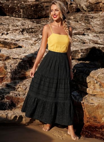 BLENCOT Women's Boho Tiered High Waisted Cotton Long Flowy Skirt - color: Black, size: Medium