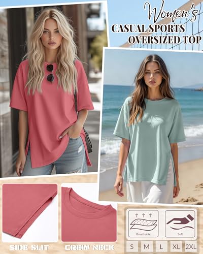 Huukeay 3 Pack Women's Oversized T Shirts Workout Tops - color: Black, Grey Green, Brick Red, size: Medium