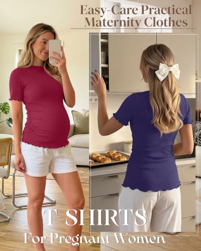 3 Pack Women's Ribbed Maternity Tops - color: Bordeaux Red, Navy Blue, Light Gray, size: Small
