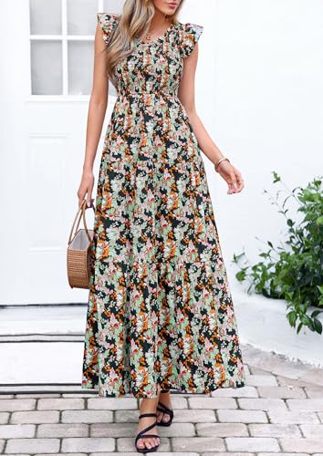 PRETTYGARDEN Women's Smocked Boho Floral Maxi Dress - color: Black, size: Large