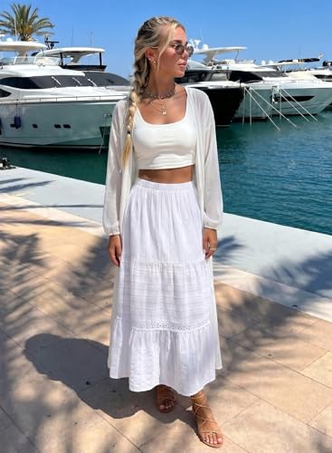 BLENCOT Women's Boho Tiered High Waisted Cotton Long Flowy Skirt - color: A White, size: Small