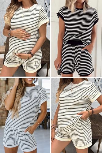 Ekouaer Maternity Pajamas 2 Piece Outfits Waffle Knit Pregnancy Sleepwear - color: Light Khaki, size: Medium