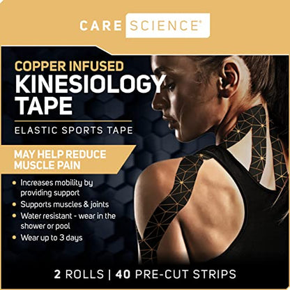 Care Science Copper Infused Kinesiology Tape, 40 Precut Strips, 2 Rolls - color: Copper Infused Precut