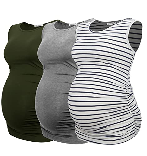 Smallshow Women's Maternity Tank Tops Sleeveless Ruched Pregnancy Clothes 3-Pack - color: Army Green-light Grey-white Stipe, size: XX-Large