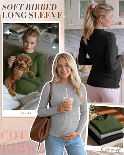 Huukeay 3 Pack Women Ribbed Long Sleeve Crew Neck Maternity Tops - color: Army Green, Light Gray, Black, size: Medium