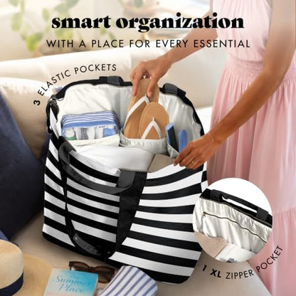 Fit & Fresh All The Things XL Beach Bag for Women, Oversized Travel Tote - color: Black & White Stripe