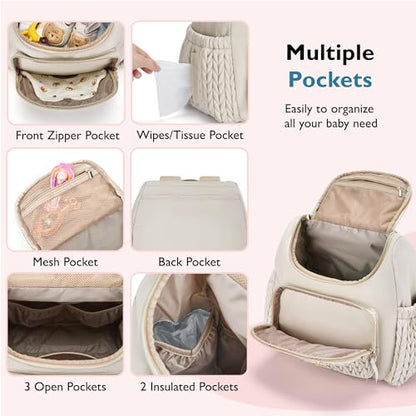 mommore Diaper Bag Backpack, Stylish Mini Baby Bag with Changing Pad - color: Light Cream, size: Small