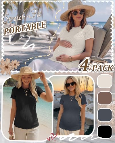 Riyiper 4 Pack Maternity Ribbed Knit Shirts for - color: Charcoal Gray, Cream, Brown, Black, size: X-Large