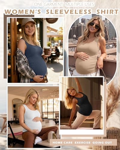 Ficerd 4 Pack Women's Maternity Tank Cotton Tops - color: Black, White, Khaki, Haze Blue, size: X-Large