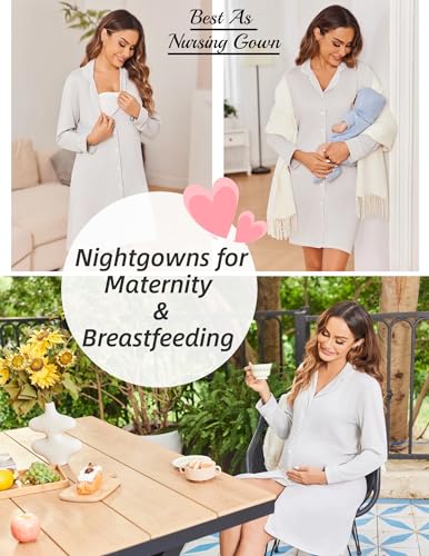 Ekouaer Womens Nightgown Long Sleeve Nightshirt Soft Button Down Sleepshirt - color: Light Grey, size: Medium