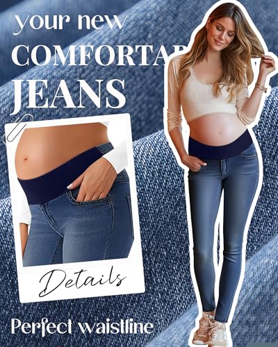 Oakgarden Women's Maternity Jeans Pants with Side Pockets - color: Dark Blue, size: X-Large