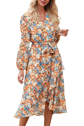PRETTYGARDEN Womens Long Sleeve Boho Maxi Fall Floral Wedding Guest Dresses - color: Floral Yellow, size: X-Large