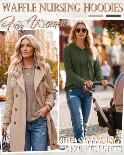 Ficerd 2 Pack Women's Nursing Waffle Hoodies Breastfeeding Tops - color: Coffee, Army Green, size: Medium