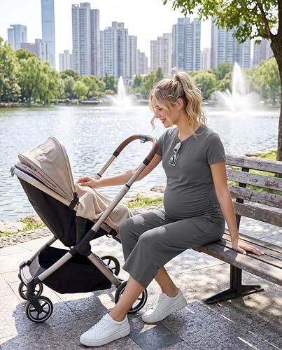 Womens Maternity Pajamas 2 Piece Set Short Sleeve - color: Dark Grey, size: X-Large