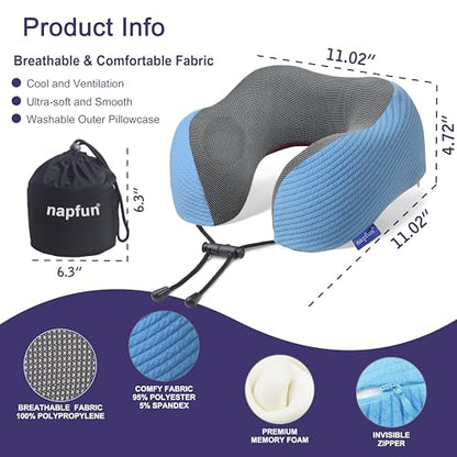 napfun Neck Pillow for Travel, Memory Foam Airplane Pillow, Sky Blue - color: Sky Blue