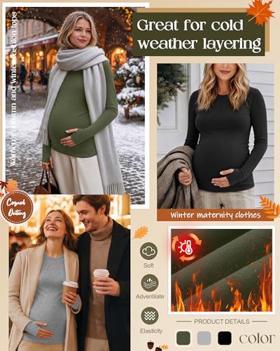 Oakgarden 3 Pack Womens Maternity Thermal Long Sleeve Shirts - color: Army Green, Light Gray, Black, size: X-Large