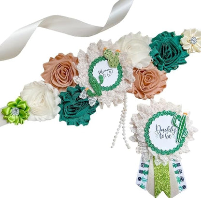 Cactus Baby Shower Sash – Mom to Be Maternity Sash with Matching Dad Pin, Succulent Theme Party Accessory
