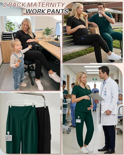 Oakgarden 2 Pack Women's Maternity Scrub Pants Pregnancy Scrubs - color: Black, Dark Green, size: XX-Large