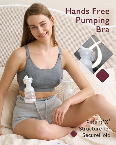 Momcozy Hands Free Pumping & Nursing Bra, Adjustable Cotton Breast Pump Bra - color: Grey, size: Medium
