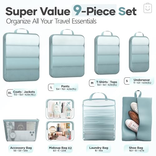 Veken 9/11 Set Compression Packing Cubes for Travel Essentials,Compressible Expandable Large Luggage Suitcase Organizer Bags for Clothing,Space Saver Bags with Over 1000 pcs of Mesh Holes(Blue Gray) - color: Blue Gray, size: 9 set