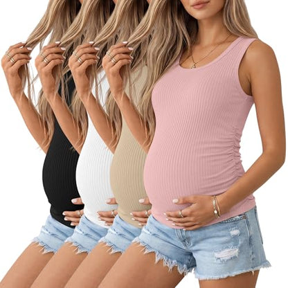 Ficerd 4 Pack Women's Maternity Tank Cotton Tops - color: Black, White, Khaki, Light Pink, size: Medium