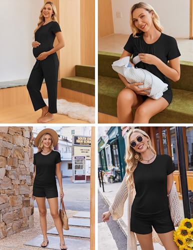 Ekouaer Maternity Nursing Pajamas Set 3 Piece Postpartum Breastfeeding Pjs - color: Black, size: Large