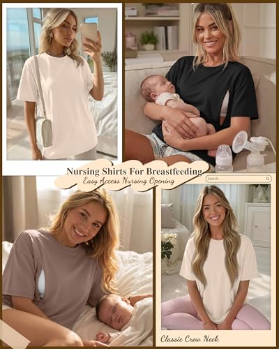 Riyiper 3 Pack Women's Nursing Short Sleeve Shirts - color: Beige, Camel, Black, size: XX-Large